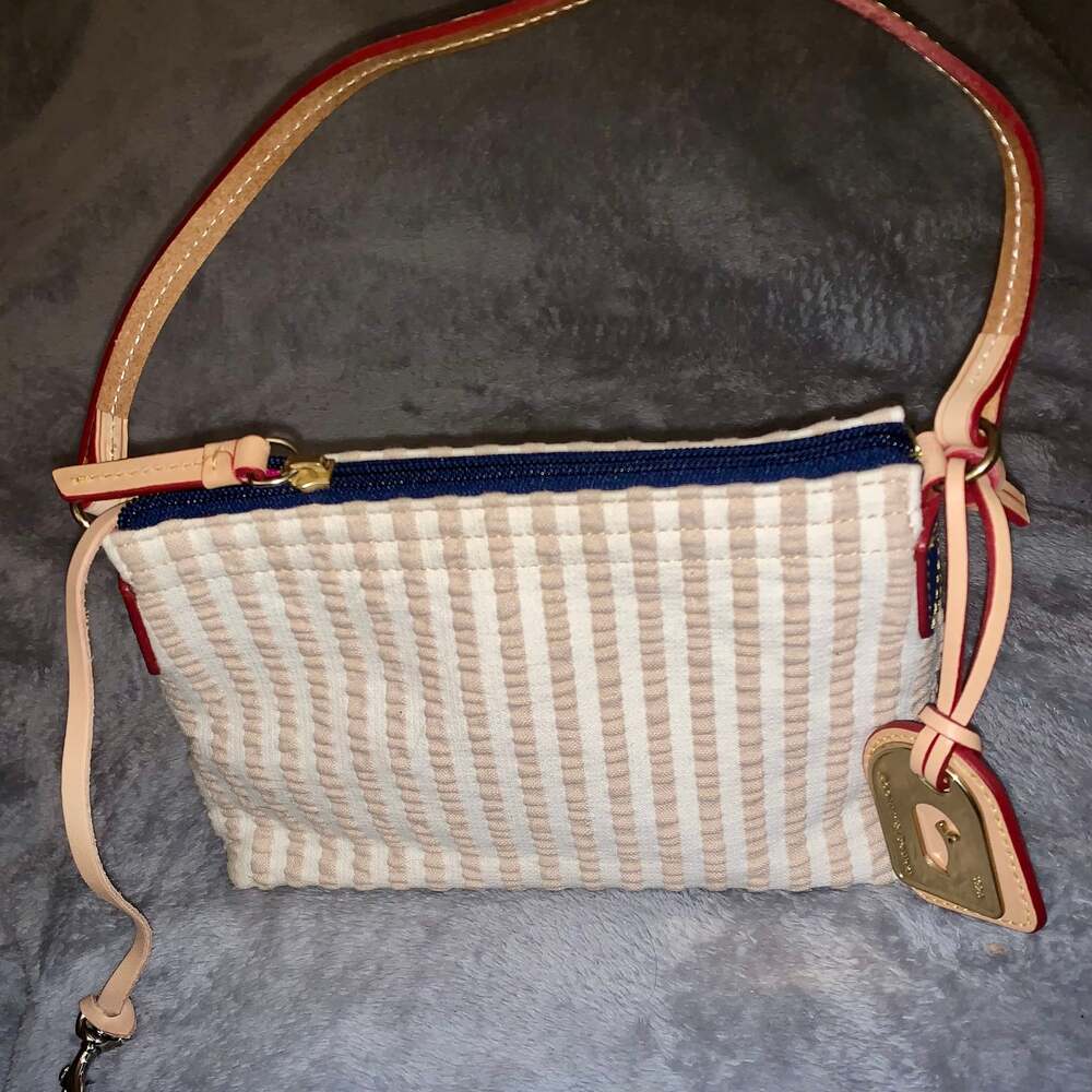 Dooney & Bourke Cream and Tan Striped Shoulder Bag with Navy Trim